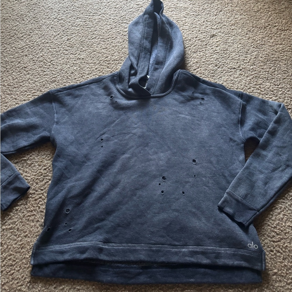 Alo Yoga Distressed Cropped Hooded Sweater Size Small